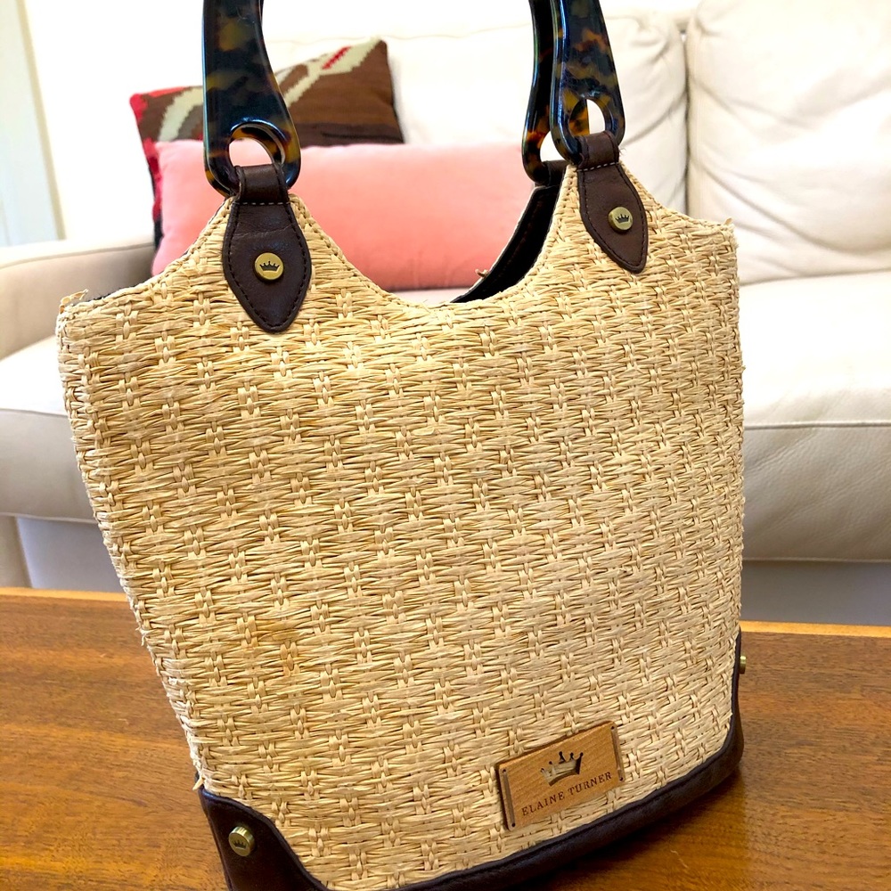 Elaine Turner Woven Straw + Leather Bag Used